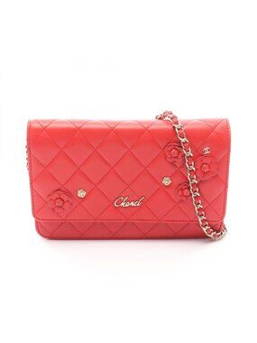 Chanel Shoulder Bag Quilted Camellia Red Lambskin Chain Wallet